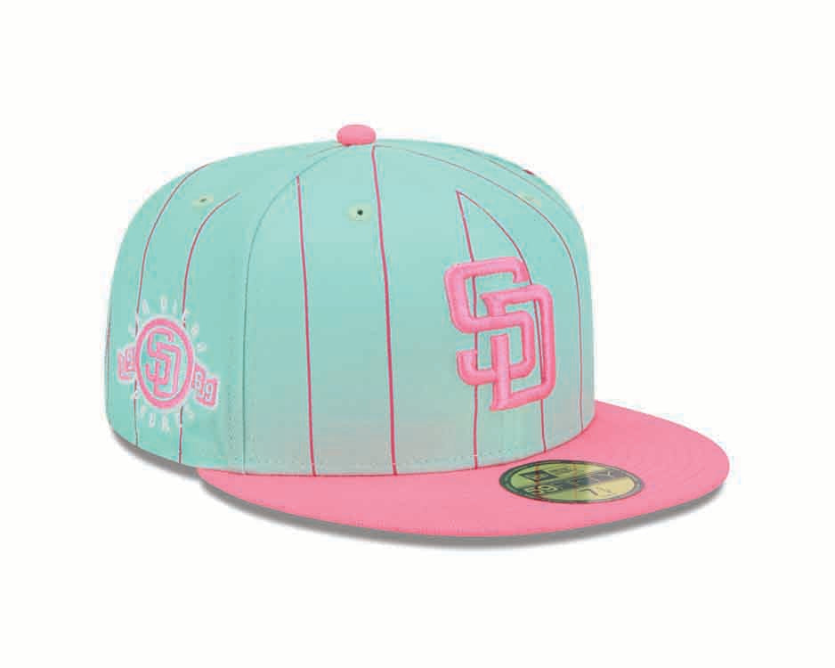 San Diego Padres New Era MLB 59FIFTY 5950 Fitted Cap Hat Light Teal/Pink Pinstripe Crown Pink Visor Pink Logo 1969 Side Patch Gray UV