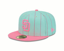 Load image into Gallery viewer, San Diego Padres New Era MLB 59FIFTY 5950 Fitted Cap Hat Light Teal/Pink Pinstripe Crown Pink Visor Pink Logo 1969 Side Patch Gray UV
