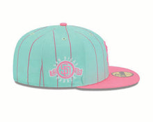 Load image into Gallery viewer, San Diego Padres New Era MLB 59FIFTY 5950 Fitted Cap Hat Light Teal/Pink Pinstripe Crown Pink Visor Pink Logo 1969 Side Patch Gray UV
