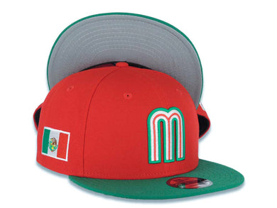Mexico New Era 9FIFTY 950 Snapback Cap Hat Red Crown Green Visor Team Color Logo Mexico Flag Side Patch Gray UV