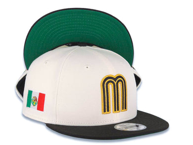 Mexico New Era 9FIFTY 950 Snapback Cap Hat Cream Crown Black Visor Metallic Gold/Black Logo Mexico Flag Side Patch Green UV Green UV