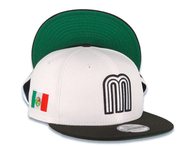 Mexico New Era 9FIFTY 950 Snapback Cap Hat White Crown Black Visor White/Black Logo Mexico Flag Side Patch Green UV