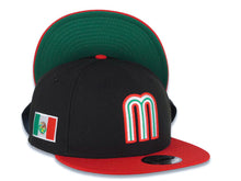 Load image into Gallery viewer, Mexico New Era 9FIFTY 950 Snapback Cap Hat Black Crown Red Visor Team Color Logo Mexico Flag Side Patch Green UV
