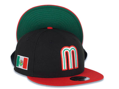 Mexico New Era 9FIFTY 950 Snapback Cap Hat Black Crown Red Visor Team Color Logo Mexico Flag Side Patch Green UV