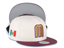 Load image into Gallery viewer, Mexico New Era 9FIFTY 950 Snapback Cap Hat Cream Crown Maroon Visor Metallic Gold/Maroon Logo Mexico Flag Side Patch Logo Gray UV
