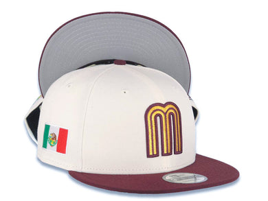 Mexico New Era 9FIFTY 950 Snapback Cap Hat Cream Crown Maroon Visor Metallic Gold/Maroon Logo Mexico Flag Side Patch Logo Gray UV