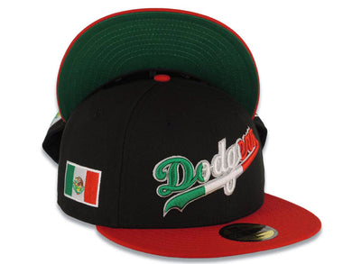 (Youth) Los Angeles Dodgers New Era MLB 59FIFTY 5950 Kid Fitted Cap Hat Black Crown Red Visor Green/White/Red Script/Text Logo Mexico Flag Side Patch