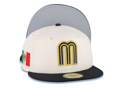 Mexico New Era WBC 59FIFTY 5950 Fitted Cap Hat Cream Crown Black Visor Black/Metallic Gold Logo Mexico Flag Side Patch Gray UV