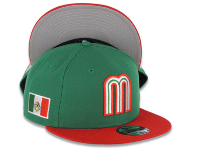 Mexico New Era WBC World Baseball Classic 9FIFTY 950 Snapback Cap Hat Green Crown Red Visor Team Color Logo Mexico Flag Side Patch Gray UV