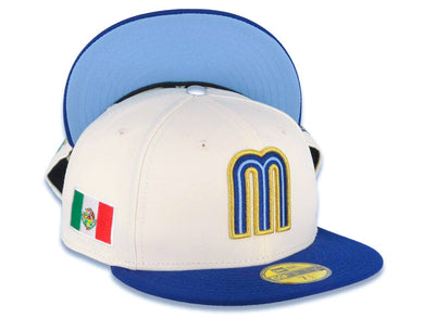 Mexico New Era WBC 59FIFTY 5950 Fitted Cap Hat Cream Crown Royal Blue Visor Royal/Metallic Gold/Sky Blue Logo Mexico Flag Side Patch Sky Blue UV