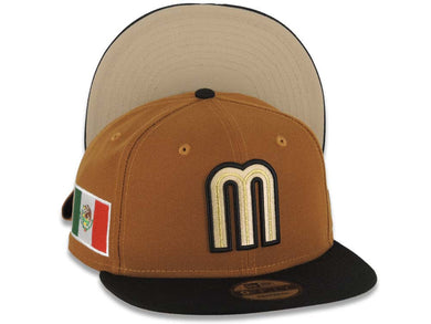 Mexico New Era WBC 9FIFTY 950 Snapback Cap Hat Brown Crown Black Visor Khaki/Black/Metallic Gold Logo Mexico Flag Side Patch Wheat UV