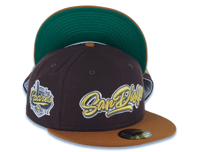 San Diego Padres New Era MLB 59FIFTY 5950 Fitted Cap Hat Dark Brown Crown Brown Visor Metallic Gold/White Script Logo Established 1969 Side Patch