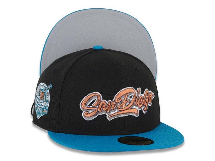 San Diego Padres New Era MLB 59FIFTY 5950 Fitted Cap Hat Black Crown Teal Visor Metallic Brown/White Script Logo Established 40th Anniversary Patch