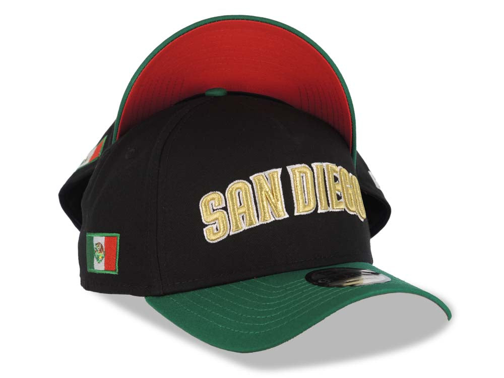 San Diego Padres New Era MLB 9FORTY 940 A-Frame Adjustable Cap Hat Black Crown Green Visor Metallic Gold/White Text Logo Mexico Flag Side Patch Red UV