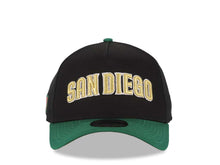 Load image into Gallery viewer, San Diego Padres New Era MLB 9FORTY 940 A-Frame Adjustable Cap Hat Black Crown Green Visor Metallic Gold/White Text Logo Mexico Flag Side Patch Red UV
