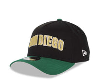 Load image into Gallery viewer, San Diego Padres New Era MLB 9FORTY 940 A-Frame Adjustable Cap Hat Black Crown Green Visor Metallic Gold/White Text Logo Mexico Flag Side Patch Red UV
