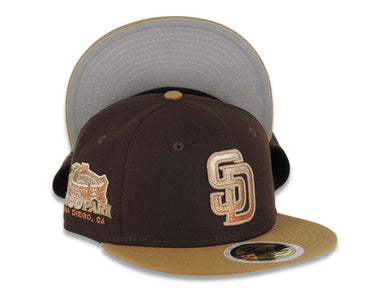 (Youth) San Diego Padres New Era MLB 59FIFTY 5950 Kid Fitted Cap Hat Brown Crown Wheat Visor Metallic Brown Gradient Logo Petco Park Side Patch