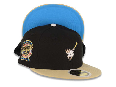 (Youth) San Diego Padres New Era MLB 59FIFTY 5950 Kid Fitted Cap Hat Black Crown Vegas Gold Visor White/Metallic Gold Swinging Friar Logo Blue UV