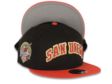 Load image into Gallery viewer, San Diego Padres New Era MLB 9FIFTY 950 Snapback Cap Hat Black Crown Red Visor Metallic Red/White/Gold Logo 40th Anniversary Side Patch Gray UV
