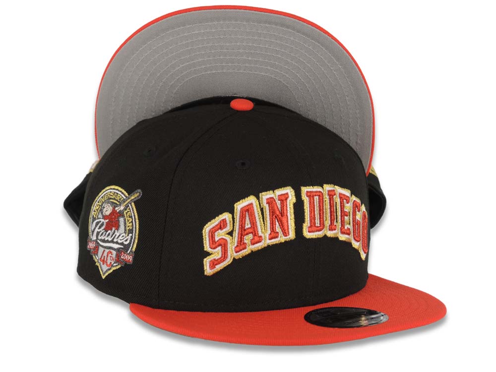 San Diego Padres New Era MLB 9FIFTY 950 Snapback Cap Hat Black Crown Red Visor Metallic Red/White/Gold Logo 40th Anniversary Side Patch Gray UV