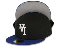 Load image into Gallery viewer, Los Angeles Dodgers New Era MLB 59FIFTY 5950 Fitted Cap Hat Black Crown Royal Blue Visor White Upside Down Logo Gray UV
