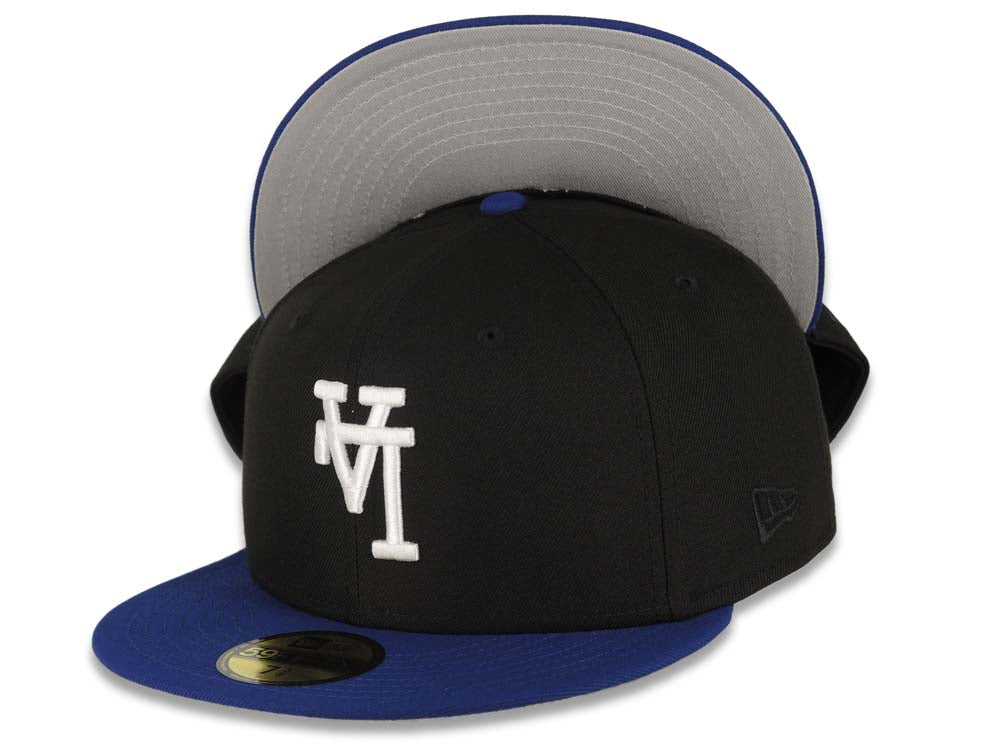 Los Angeles Dodgers New Era MLB 59FIFTY 5950 Fitted Cap Hat Black Crown Royal Blue Visor White Upside Down Logo Gray UV