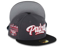 Load image into Gallery viewer, San Diego Padres New Era MLB 59FIFTY 5950 Fitted Cap Hat Dark Gray Crown Black Visor White/Cardinal Script/Text Logo City Scape Side Patch Gray UV
