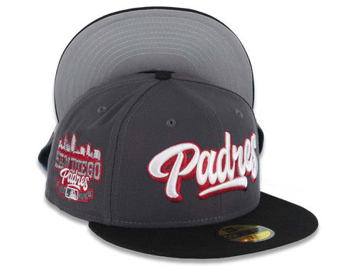 San Diego Padres New Era MLB 59FIFTY 5950 Fitted Cap Hat Dark Gray Crown Black Visor White/Cardinal Script/Text Logo City Scape Side Patch Gray UV