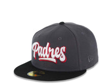 Load image into Gallery viewer, San Diego Padres New Era MLB 59FIFTY 5950 Fitted Cap Hat Dark Gray Crown Black Visor White/Cardinal Script/Text Logo City Scape Side Patch Gray UV
