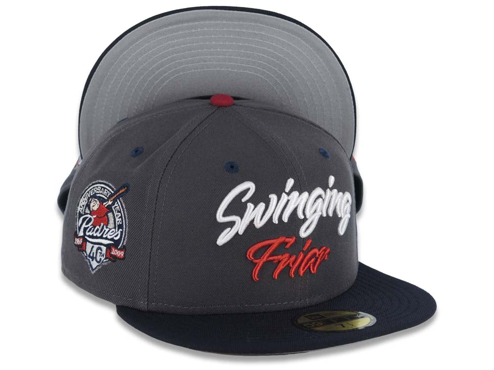 San Diego Padres New Era MLB 59FIFTY 5950 Fitted Cap Hat Dark Gray Crown Navy Blue Visor White/Cardinal Script/Text Logo 40th Anniversary Side Patch