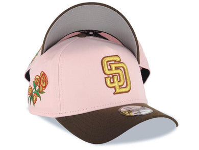 San Diego Padres New Era MLB 9FORTY 940 Adjustable A-Frame Cap Hat Pink Crown Brown Visor Metallic Gold/Brown Logo Flower/Rose Side Patch Gray UV
