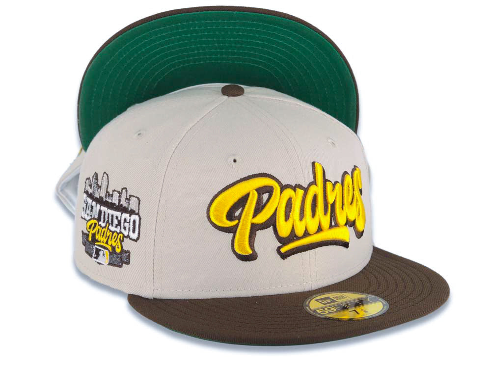 San Diego Padres New Era MLB 59FIFTY 5950 Fitted Cap Hat Stone Crown Brown Visor Yellow/Brown Script Logo City Scape Side Patch Green UV