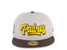 Load image into Gallery viewer, San Diego Padres New Era MLB 59FIFTY 5950 Fitted Cap Hat Stone Crown Brown Visor Yellow/Brown Script Logo City Scape Side Patch Green UV

