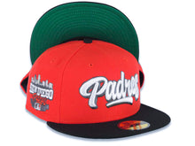 Load image into Gallery viewer, San Diego Padres New Era MLB 59FIFTY 5950 Fitted Cap Hat Red Crown Black Visor White/Metallic Black Script Logo Stadium Side Patch Green UV
