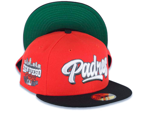 San Diego Padres New Era MLB 59FIFTY 5950 Fitted Cap Hat Red Crown Black Visor White/Metallic Black Script Logo Stadium Side Patch Green UV