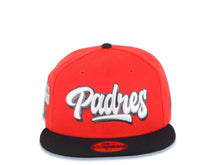 Load image into Gallery viewer, San Diego Padres New Era MLB 59FIFTY 5950 Fitted Cap Hat Red Crown Black Visor White/Metallic Black Script Logo Stadium Side Patch Green UV
