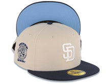 Load image into Gallery viewer, San Diego Padres New Era MLB 59FIFTY 5950 Fitted Cap Hat Stone Crown Navy Visor White Logo 25th Anniversary Side Patch Blue UV
