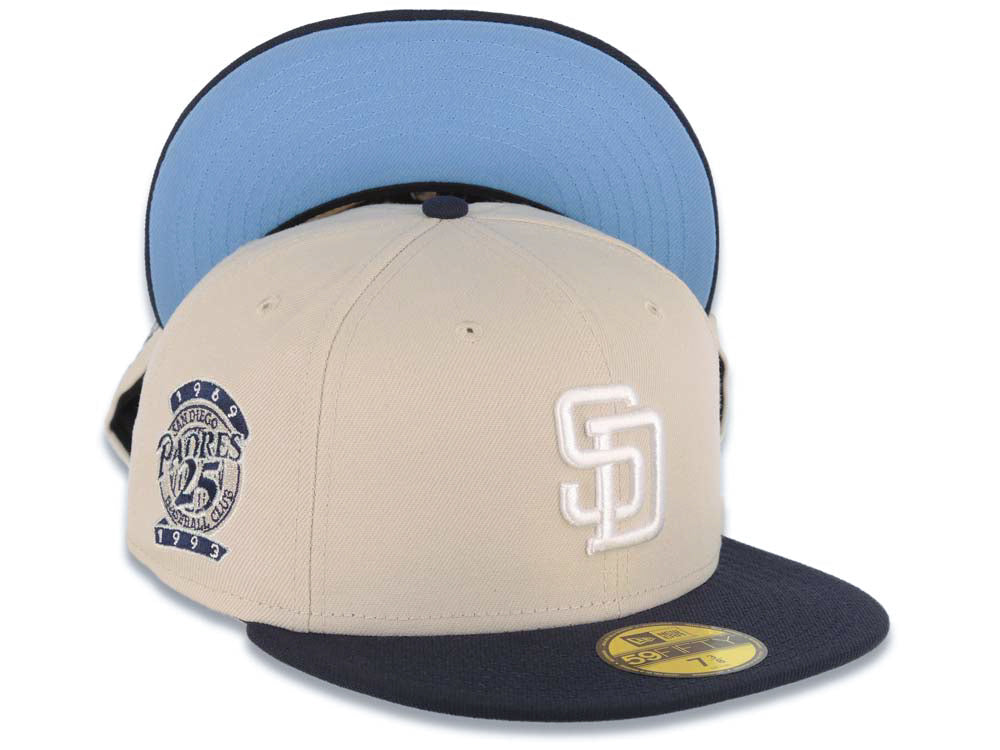 San Diego Padres New Era MLB 59FIFTY 5950 Fitted Cap Hat Stone Crown Navy Visor White Logo 25th Anniversary Side Patch Blue UV