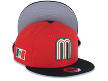 Load image into Gallery viewer, Mexico New Era WBC 9FIFTY 950 Snapback Cap Hat Red Crown Black Visor White/Green/Red Logo Mexico Flag Side Patch Gray UV
