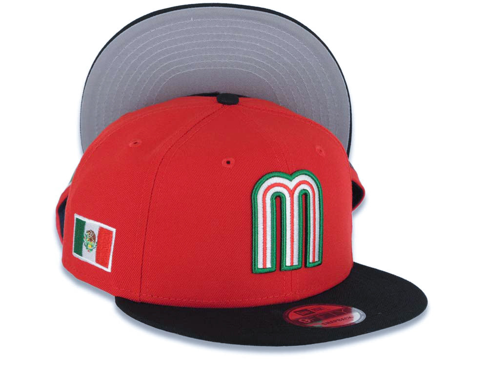 Mexico New Era WBC 9FIFTY 950 Snapback Cap Hat Red Crown Black Visor White/Green/Red Logo Mexico Flag Side Patch Gray UV