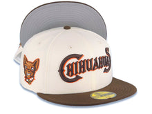 Load image into Gallery viewer, El Paso Chihuahuas New Era MiLB 59FIFTY 5950 Fitted Cap Hat Cream Crown Brown Visor Brown/Orange Text/Script Logo Mascot Side Patch Gray UV
