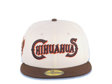 Load image into Gallery viewer, El Paso Chihuahuas New Era MiLB 59FIFTY 5950 Fitted Cap Hat Cream Crown Brown Visor Brown/Orange Text/Script Logo Mascot Side Patch Gray UV
