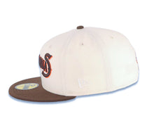 Load image into Gallery viewer, El Paso Chihuahuas New Era MiLB 59FIFTY 5950 Fitted Cap Hat Cream Crown Brown Visor Brown/Orange Text/Script Logo Mascot Side Patch Gray UV
