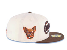 Load image into Gallery viewer, El Paso Chihuahuas New Era MiLB 59FIFTY 5950 Fitted Cap Hat Cream Crown Brown Visor Brown/Orange Text/Script Logo Mascot Side Patch Gray UV
