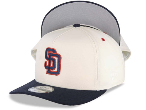 San Diego Padres New Era MLB 9FIFTY 950 A-Frame Snapback Cap Hat Cream Crown Navy Blue Visor Navy Blue/Red Logo 1998 World Series Side Patch Gray UV