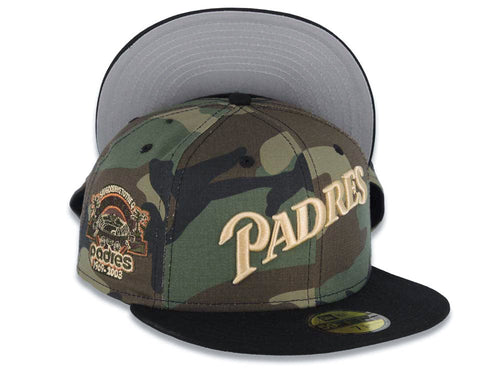 San Diego Padres New Era MLB 59FIFTY 5950 Fitted Cap Hat Camo Crown Black Visor Light Khaki Script Logo Stadium Side Patch Gray UV