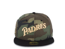 Load image into Gallery viewer, San Diego Padres New Era MLB 59FIFTY 5950 Fitted Cap Hat Camo Crown Black Visor Light Khaki Script Logo Stadium Side Patch Gray UV
