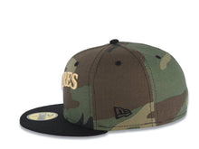 Load image into Gallery viewer, San Diego Padres New Era MLB 59FIFTY 5950 Fitted Cap Hat Camo Crown Black Visor Light Khaki Script Logo Stadium Side Patch Gray UV
