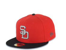 Load image into Gallery viewer, San Diego Padres New Era MLB 59FIFTY 5950 Fitted Cap Hat Red Crown Black Visor Metallic Aluminum/Black Logo 1984 World Series Side Patch Gray UV
