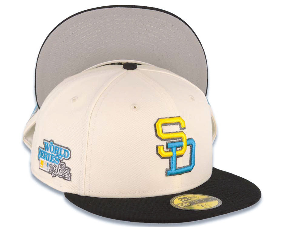 San Diego Padres New Era MLB 59FIFTY 5950 Fitted Cap Hat Cream Crown Black Visor Yellow/Blue Logo 1984 World Series Side Patch Gray UV